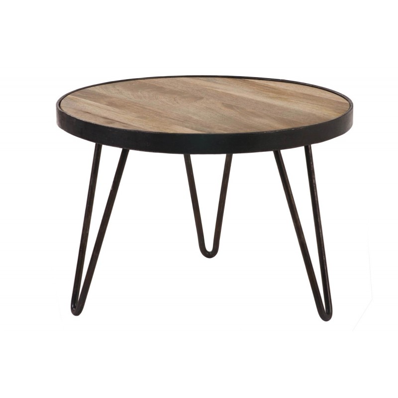 Table basse ronde industrielle bois manguier massif et métal noir D50 cm