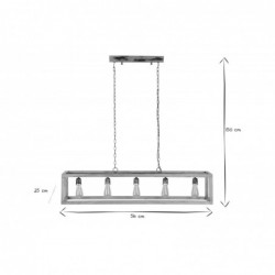 Suspension avec chaînes métalliques et cadre en bois manguier massif 5 ampoules