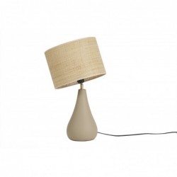 Lampe à poser taupe en céramique mate et abat-jour en raphia