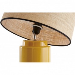 Lampe à poser en céramique émaillée jaune et abat-jour en raphia naturel