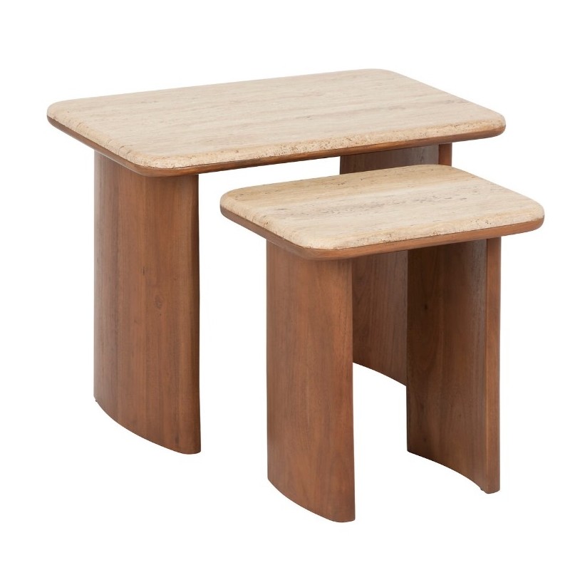 Lot de 2 tables basses "Jivan" Travertin, Bois, L.60/38 cm