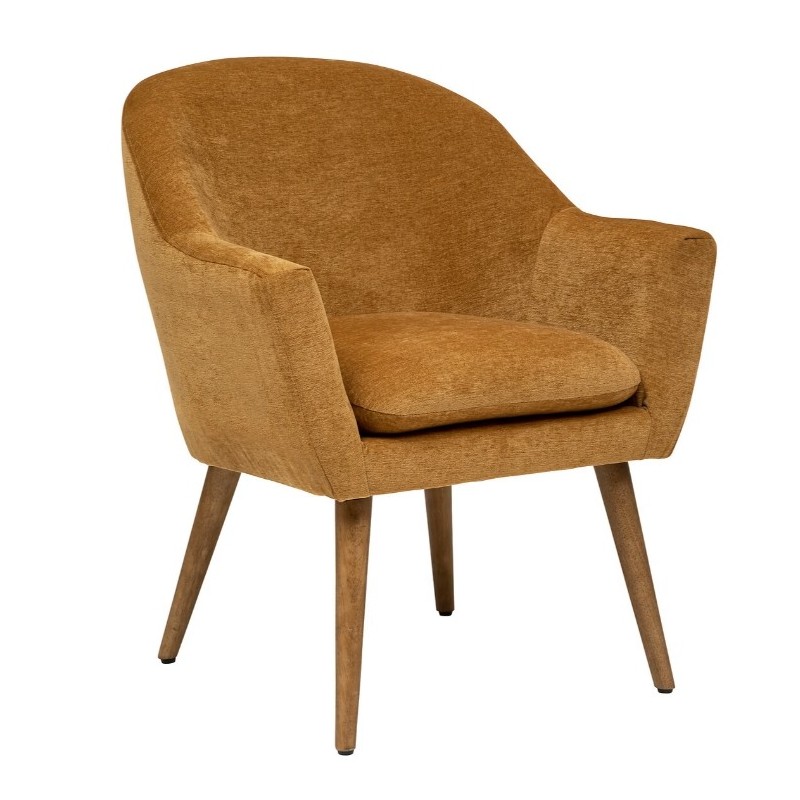 Fauteuil "Sinel"
Velours, pieds en hévéa, jaune ocre