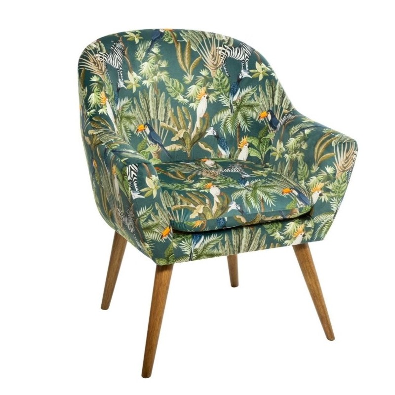 Fauteuil "Sango" Velours vert, motifs jungle